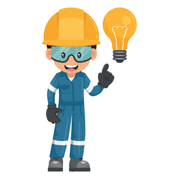 Industrial mechanic worker with a light bulb. Creative concept for the generation of ideas. Engineer with his personal protective equipment. Industrial safety and occupational health at work