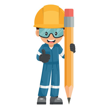 Happy industrial mechanic worker with giant pencil showing thumb up. Creative concept for project management. Industrial safety and occupational health at work