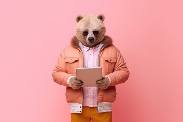 bear with sunglasses holds a tablet, standing against a pink background