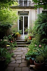 Fototapeta premium Backyard garden with door at soft summerday