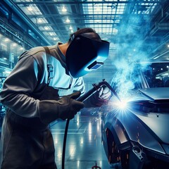 welder in a mask welds a part at a car factory
