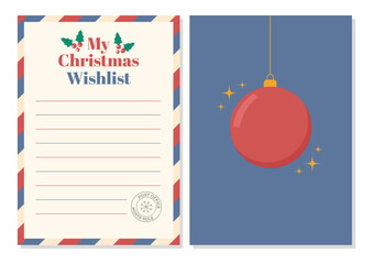 Christmas wish list template. Colorful wishlist and greeting card with holiday elements. Blank wishlist with stamp and frame. Isolated on white background. Vector illustration. - obrazy, fototapety, plakaty