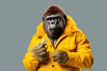 gorilla in a vibrant yellow parka holds a smartphone, against a grey background
