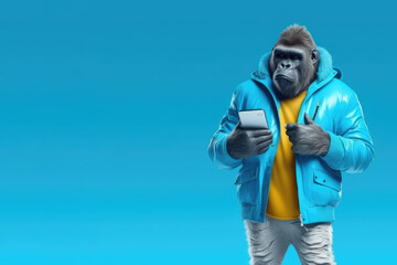 gorilla holds a smartphone confidently, dressed in a blue jacket and yellow shirt, against a blue background