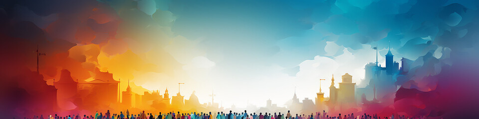 multicolored crowd, a row of silhouettes of people , drawing watercolor style multicultural society, long narrow panoramic view
