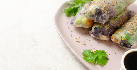 Vegetarian vietnamese spring rolls with carrot, cucumber, red cabbage, cilantro, sesame and rice noodle on a pink plate. veggie dish. Vegan food. Copy space. Selective focus. Banner