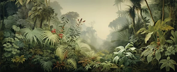 Gordijnen Watercolor pattern wallpaper. Painting of a jungle landscape. © Simon