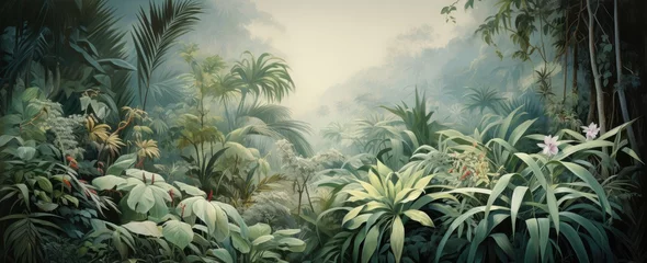 Sierkussen Watercolor pattern wallpaper. Painting of a jungle landscape. © Simon