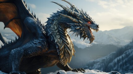 a super blue Dragon in a snow covered moutain setting, gold and black dragon by a glacier-blue cascading stream in the snow covered mountains, rocks and a few trees - Powered by Adobe