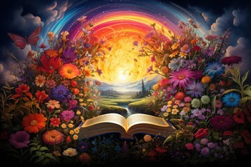 an open book with a rainbow in the center