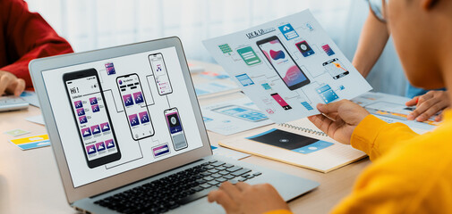 Panorama banner of startup UX developer or company employee design user interface or UI prototype...