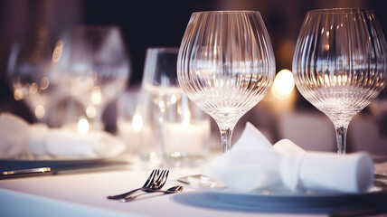 table setting with glasses on a festive evening, restaurant, christmas luxury table - obrazy, fototapety, plakaty