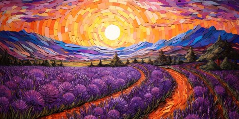 a painting of a lavender field and path, in the style of wood veneer mosaics, generative AI