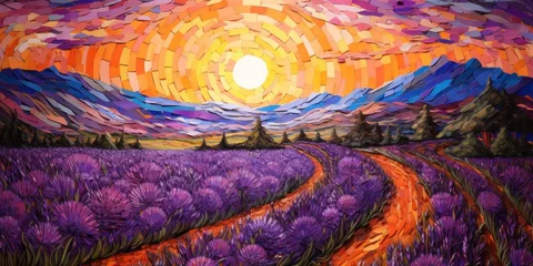 Küchenrückwand glas motiv a painting of a lavender field and path, in the style of wood veneer mosaics, generative AI © VALUEINVESTOR