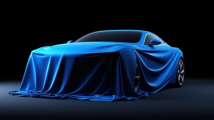 Luxury car covered with fabric on blue background