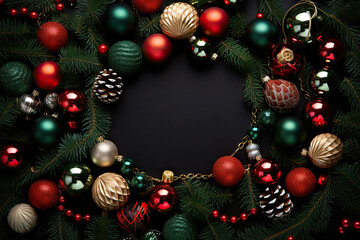 Fototapeta na wymiar A christmas wreath with ornaments around it created with generative AI technology