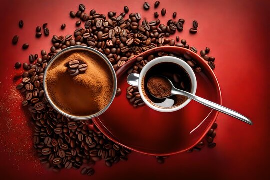 Looking down onto a red coffee mug with instant coffee granules inside it along with a silver spoon and coffee beans ready to make a fresh cup of  coffee isolated against a transparent background