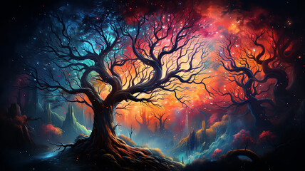 fairytale illustration of the tree of life of the universe, the image of a large old tree against the background of space and the dark sky among the stars and galaxies