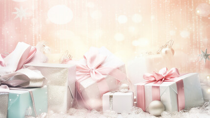 christmas gifts in boxes with ribbons delicate soft light pink pastel background new Year greeting card