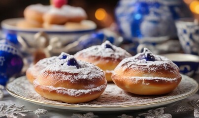 Obraz na płótnie Canvas closeup of sufganiyot a traditional hanukkah treat dusted with powdered sugar on decorated table of food. Happy Hanukkah day, christmas new year doughnuts in plate for guest created with generative ai