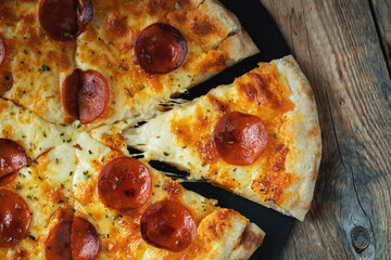 A slice of hot Italian pizza with stretching cheese. Pizza pepperoni on a dark wooden background