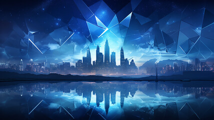 night panorama of an abstract modern city with skyscrapers, flat graphics style triangles simple shapes - obrazy, fototapety, plakaty