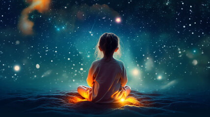 Fototapeta premium baby girl view from the back, sitting against the background of the night starry sky, dream, fantasy imagination bedtime story for daughter