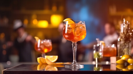 cocktails on the bar counter against the background of a restaurant and a nightclub