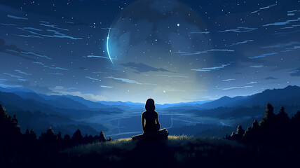 the girl is sitting and watching the starry sky, night fantasy view from the back, abstract graphic illustration - obrazy, fototapety, plakaty