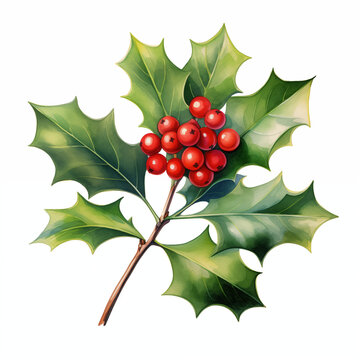 watercolor holly leaves and berries illustration