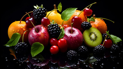multi fruit, different exotic fruits, fruit black background, Fruits showcase