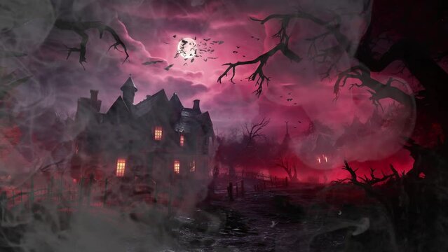 Gothic Shadows: Eerie Fog Under a Blood Moon. 4K Seamless Looping Halloween Video Background.