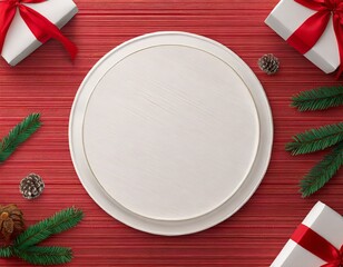 Empty plate on red table with holiday items theme