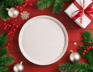 christmas card with christmas tree and decorations, circle for placement