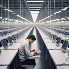 Technician works in a computer software manufacturing facility