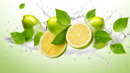 lime drops water, split lime, Limes water splash, white background