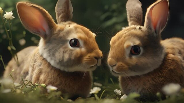 Closeup animation of a pair of Rabbits nuzzling noses in a loving moment. .