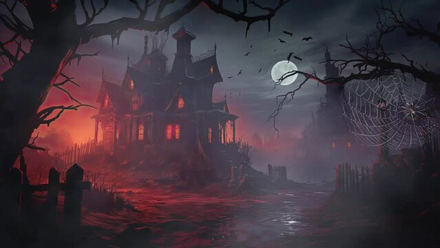 Haunted House and the Swarm of Bats. 4K Seamless Looping Halloween Video Background.