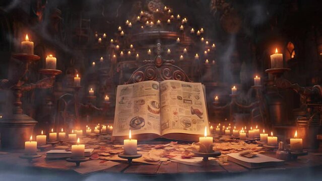 Enigmatic Ritual: Candles and Symbols in Dark Smoke. Halloween 4K Seamless Looping Video Background.