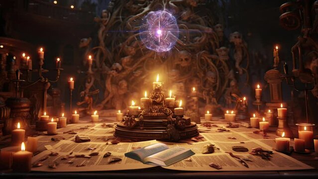 Mystic Flames: Arcane Circle and the Whispering Book. Halloween 4K Seamless Looping Video Background.