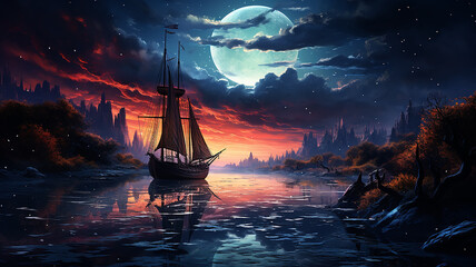 sailboat in a fantastic colorful dream night landscape