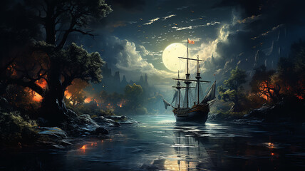 sailboat in a fantastic colorful dream night landscape - obrazy, fototapety, plakaty