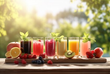 Fototapeta premium assorted fruit juices on wooden table with garden blur background. generative ai