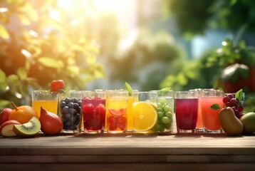 assorted fruit juices on wooden table with garden blur background. generative ai - obrazy, fototapety, plakaty