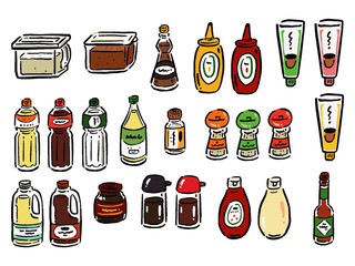 いろいろな調味料のイラストセット　手描き風イラスト