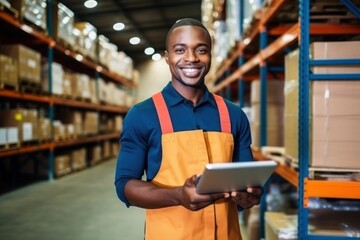 smiling black man holding a tablet in his hands in a big warehouse