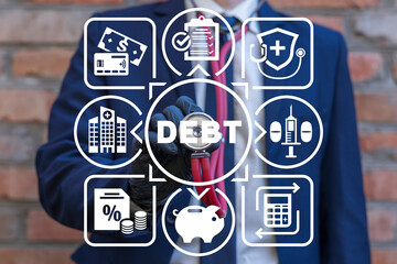 Doctor using virtual touch screen sees word: DEBT. Medical Debt Hospital Bills Overdue Default...