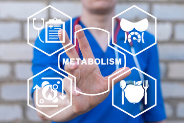 Doctor using virtual touch screen sees word: METABOLISM. Metabolism Symbiosis Healthсare Concept. Human Comprehensibility Metabolic Syndrome.