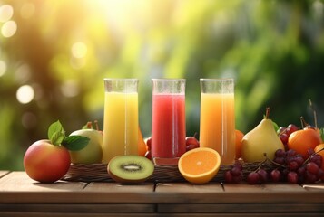 Fototapeta premium assorted fruit juices on wooden table with garden blur background. generative ai