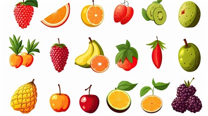 Assorted fruit icons: apple, orange, banana, and more, beautifully arranged in a vibrant collection.